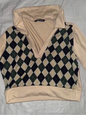 SHEIN Beige Argyle V-Neck Pullover Sweater